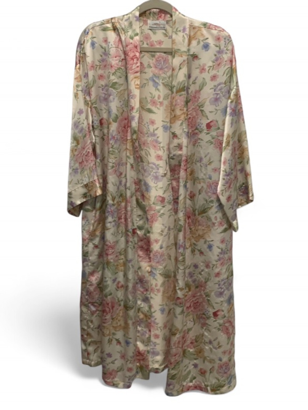 Vintage Floral Satin Kimono Robe - Cream with Pink & Green Floral